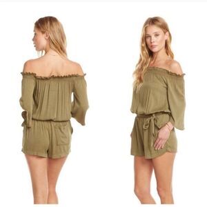 Chaser Heirloom Wovens Off Shoulder Flouncy Sleeve Tie Waist Romper Sz M Sage